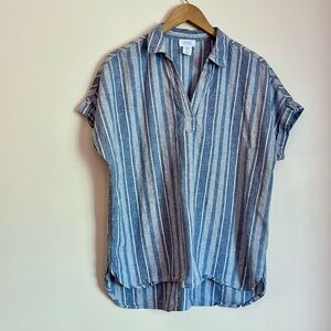 Sigrid Olsen Linen Cotton Striped Tunic Top Blue White Roll Tab Sleeve M